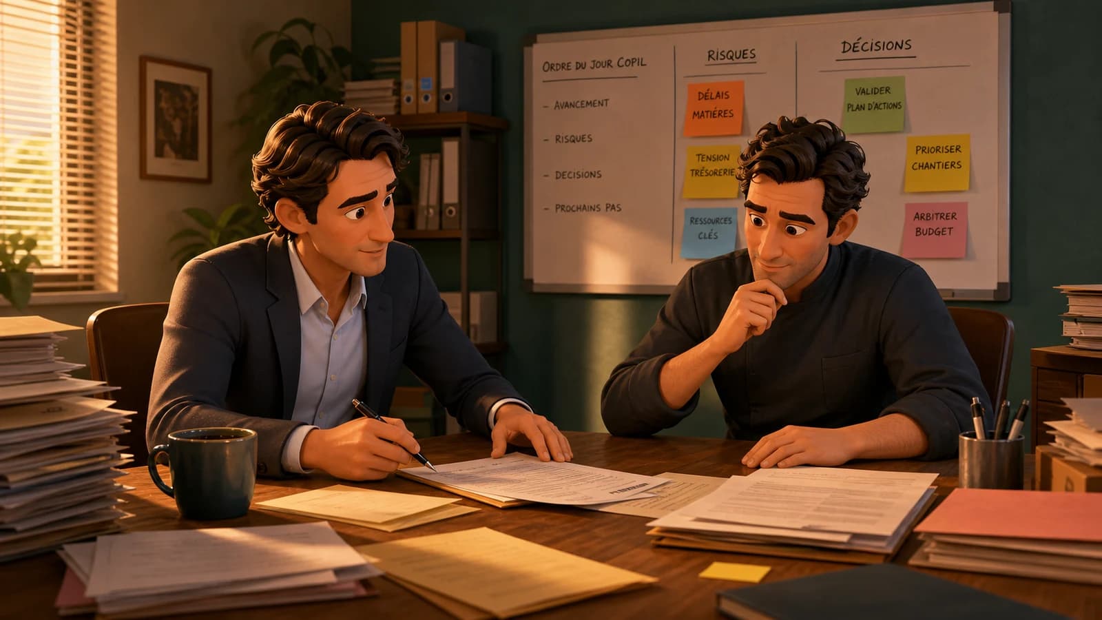 Illustration comics du cas d’usage Arriver avec decisions, risques et documents prets